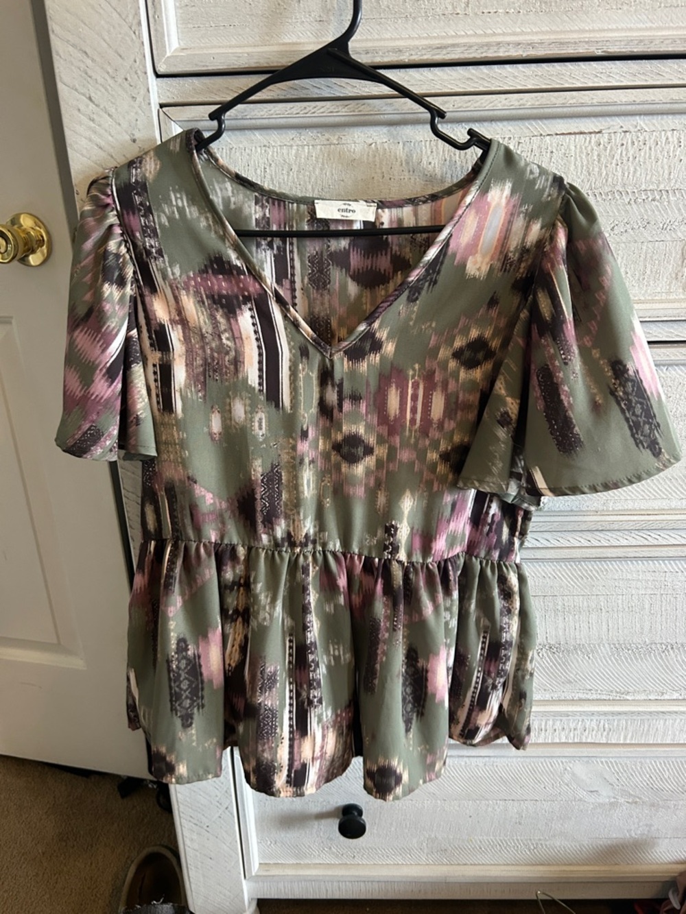 entro Olive Ikat Print V-Neck Peplum Blouse with Pink Accents